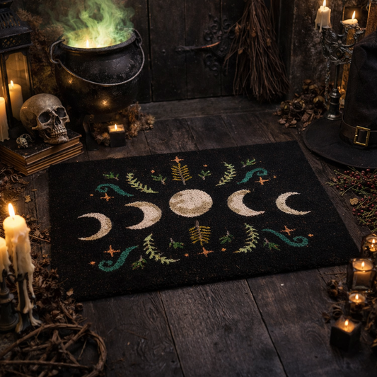 Welcome guests with a moon phase doormat. Dark forest design with mystical plants, perfect for indoor or sheltered entrances.