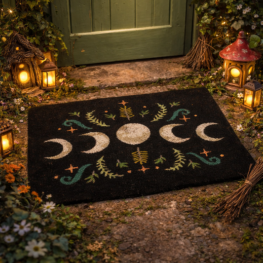 Welcome guests with a moon phase doormat. Dark forest design with mystical plants, perfect for indoor or sheltered entrances.