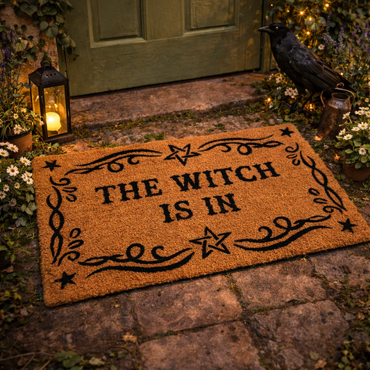 Welcome guests with “The Witch Is In” doormat. Natural witchy design, perfect for indoor or sheltered entrances and magical homes.