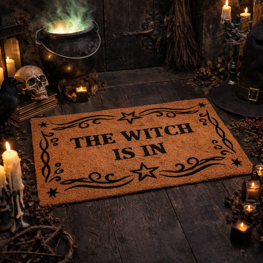 Welcome guests with “The Witch Is In” doormat. Natural witchy design, perfect for indoor or sheltered entrances and magical homes.