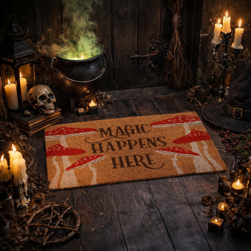 Natural coir mushroom doormat with Magic Happens Here text. Enchanted forest, fairy-inspired welcome mat for magical homes and cottages.