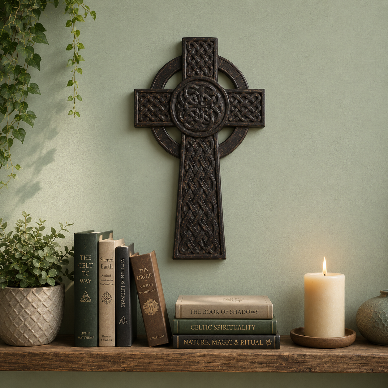 A dark brown carved Celtic cross wall hanging is displayed on a sage green wall above a wooden shelf styled with books, a lit candle, and a potted plant.