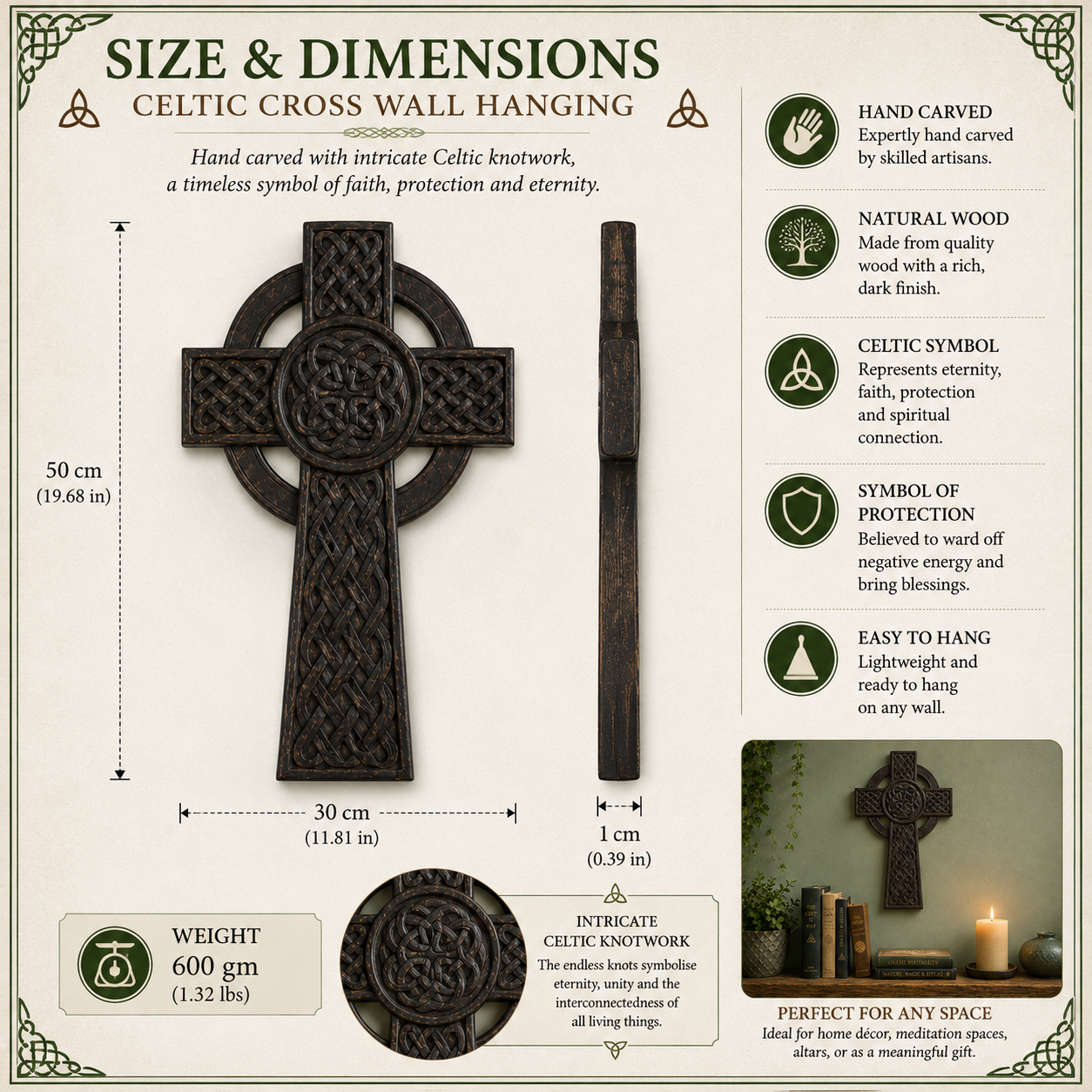 A size and dimensions chart for a hand-carved Celtic cross wall hanging, showing the product measurements (50 cm height, 30 cm width), weight (600 g), material details, and a small lifestyle inset on the bottom right.