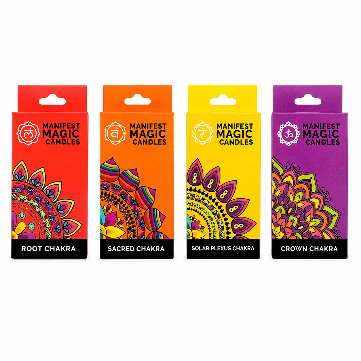 Manifest Magic Chakra Candle Set with 48 ritual candles for chakra healing, meditation, manifestation, spell work and spiritual altar rituals.