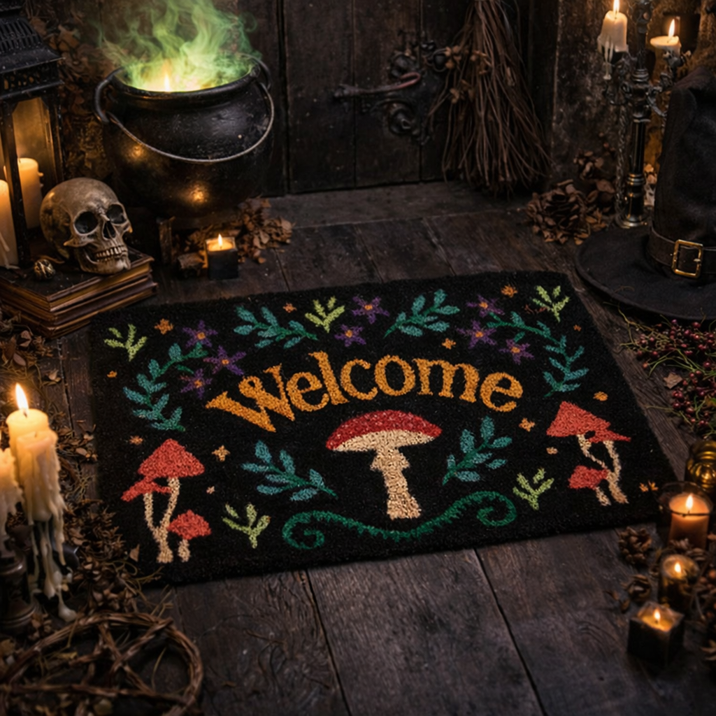 Welcome guests with the Black Mushroom doormat. Mystical forest design with welcome text, perfect for indoor or sheltered entrances.