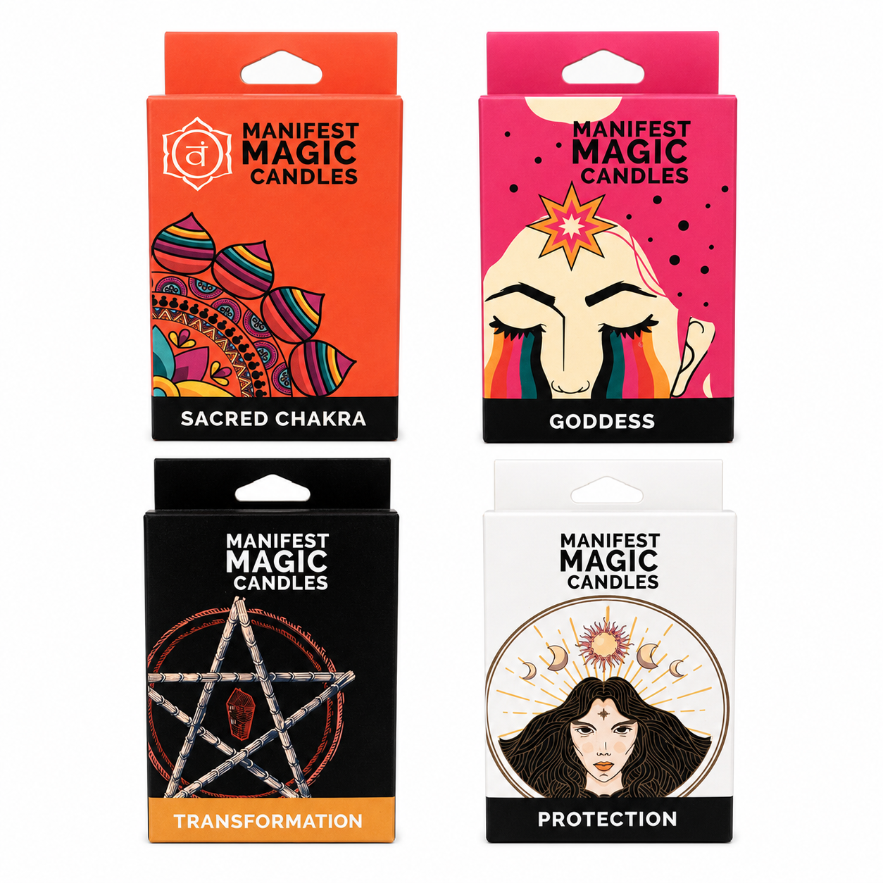 Manifest Magic Spell Candle Bundle with 48 ritual chime candles for protection, creativity, guidance and manifestation. Perfect for altars and rituals.