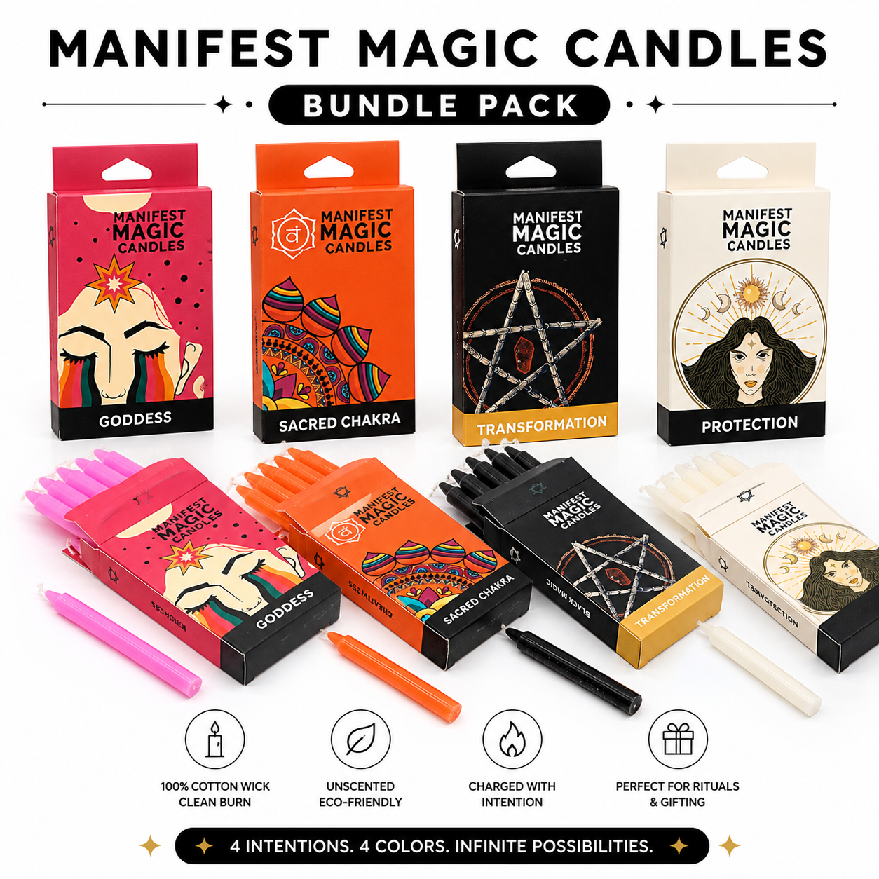 Manifest Magic Spell Candle Bundle with 48 ritual chime candles for protection, creativity, guidance and manifestation. Perfect for altars and rituals.