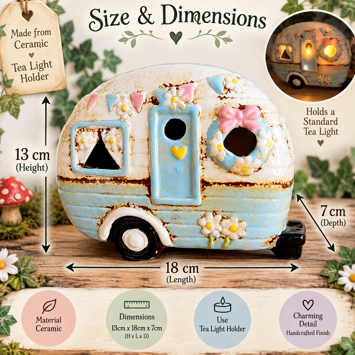 A ceramic camper trailer tea light holder shown with size and dimension callouts, including height 13 cm, length 18 cm, and depth 7 cm. The image includes decorative text, a small inset showing the camper lit with a tea light, and feature badges at the bottom stating ceramic material, tea light holder use, and handcrafted finish.