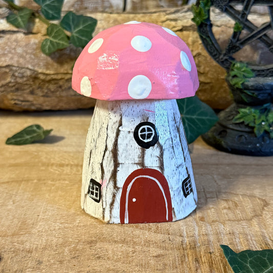 Hand carved wooden mushroom house ornament, fairy cottage décor, whimsical toadstool decoration for shelves or woodland displays