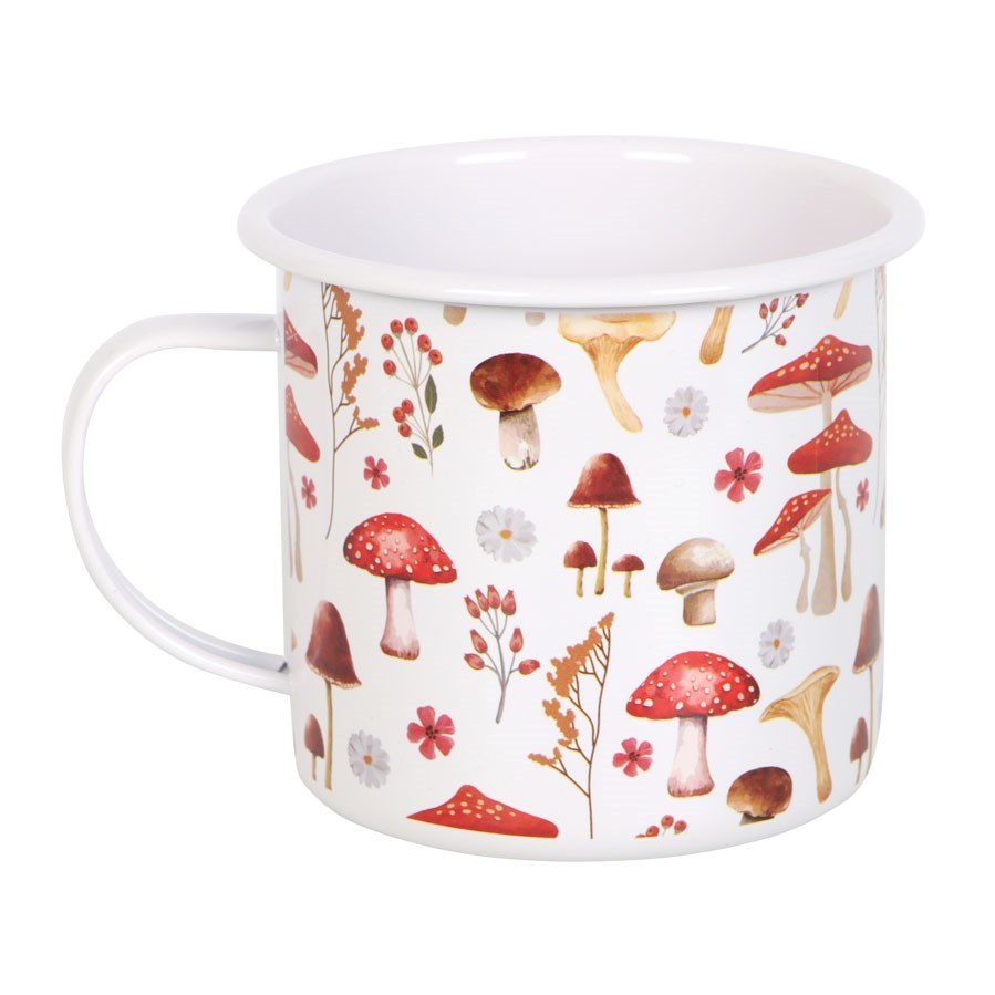 Enjoy tea in the All Over Mushroom Print Enamel Mug. Lightweight toadstool design, 500ml capacity, part of the Enchanted Forest collection.