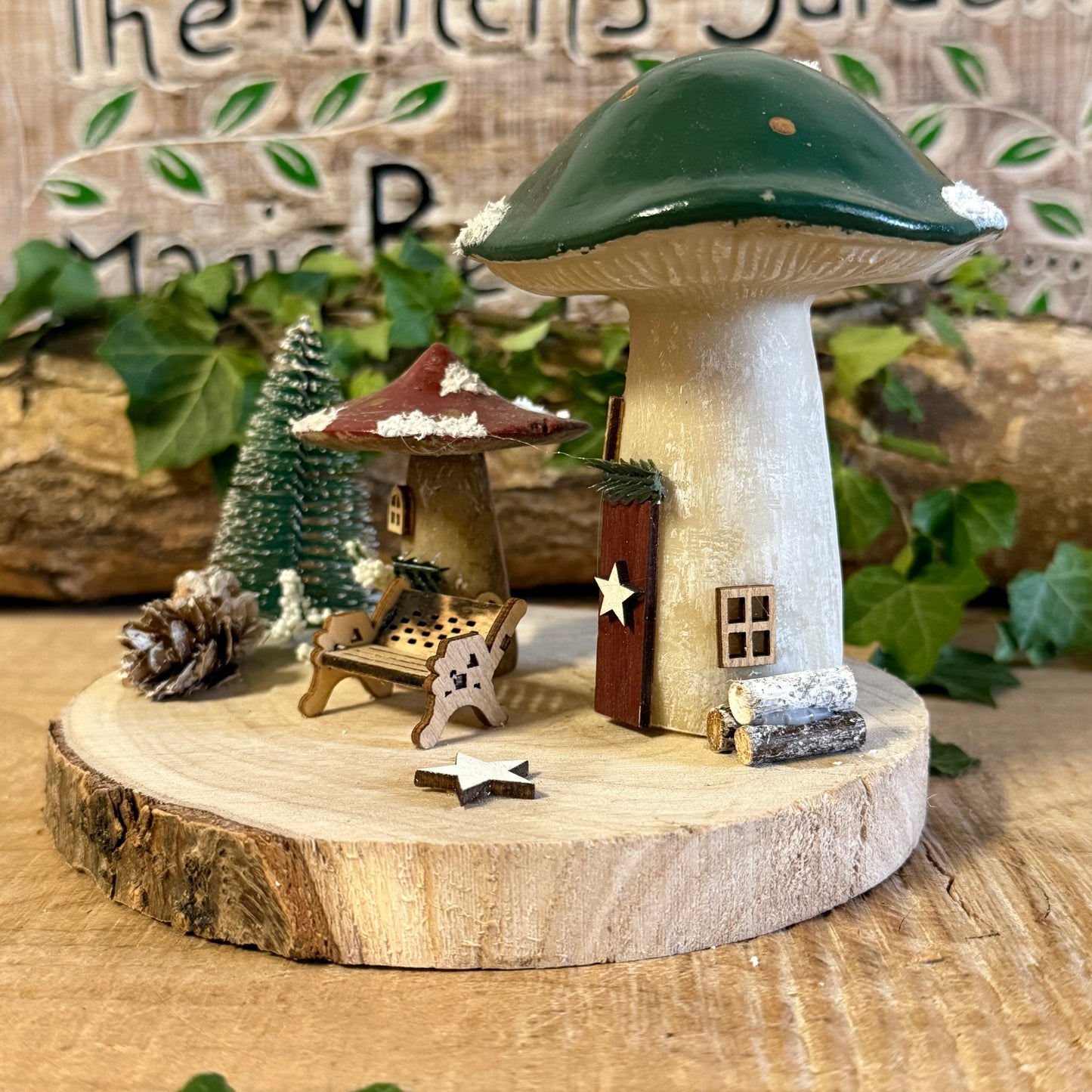 Folk Art Xmas Mushroom Double – Medium Hand Painted Fairy Houses