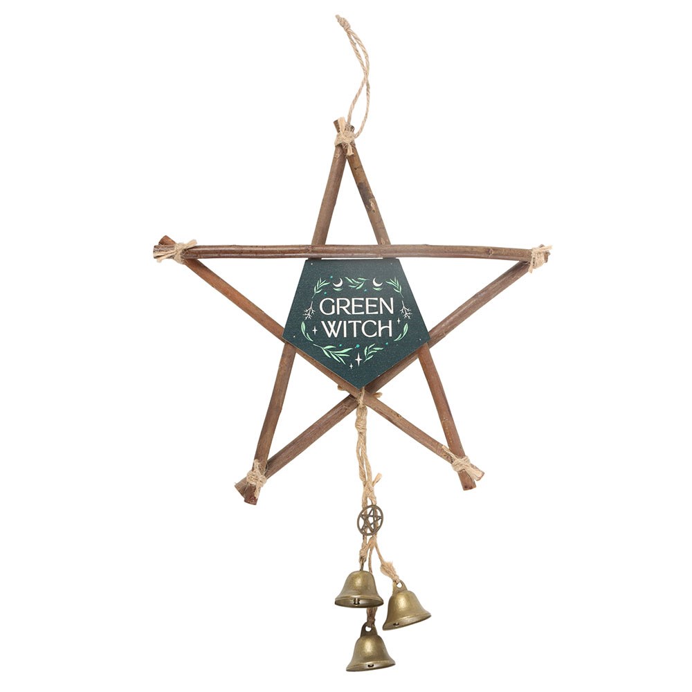 Invite protection and harmony with the Green Witch willow pentagram with bells. Witch bells for cleansing energy, home or garden decor.