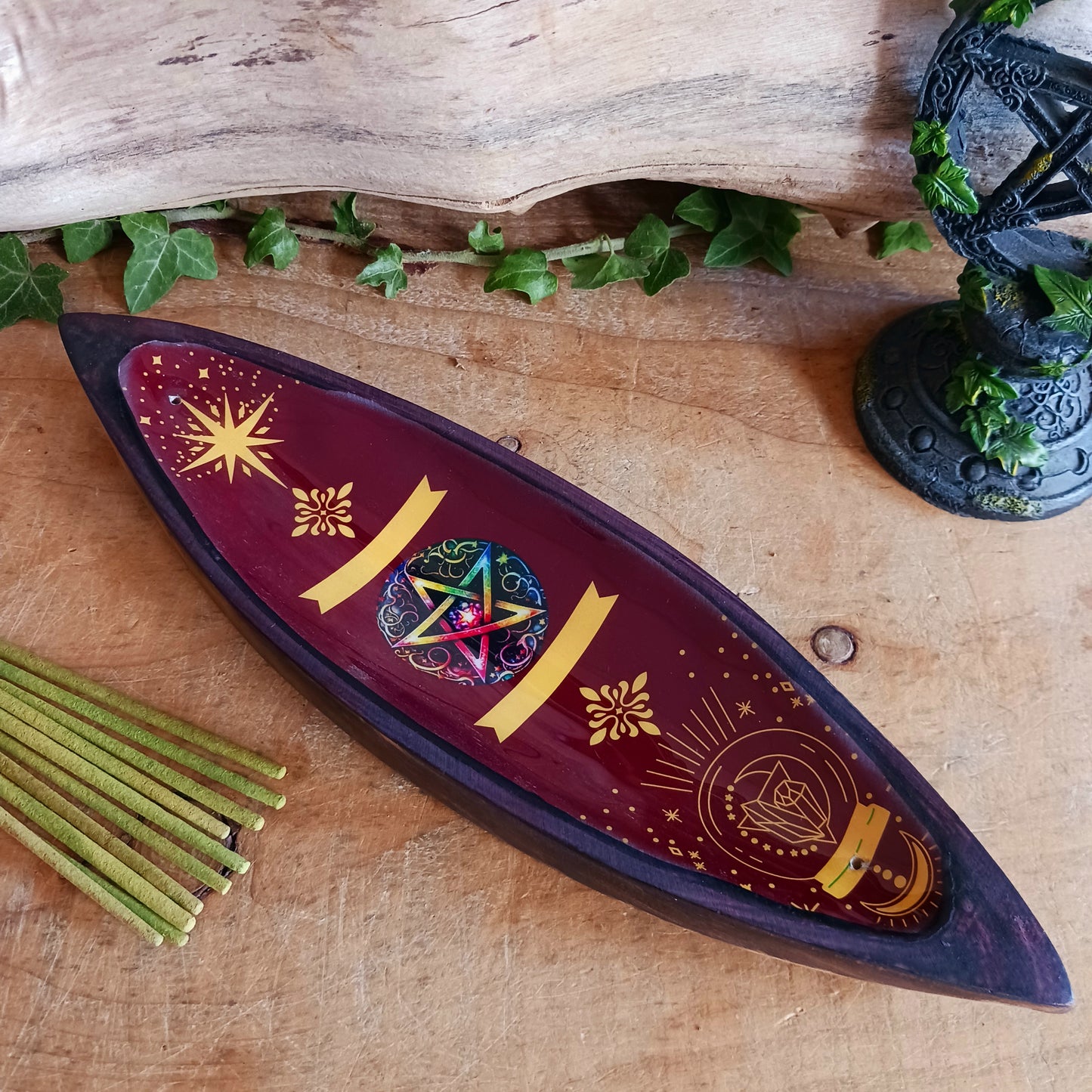 Channel mystical energy into your sacred space with this beautifully crafted Enamel Pentagram Incense Bowl. Featuring a vivid red enamel design with a central pentagram surrounded by celestial and elemental symbols, this striking incense holder is perfect for those who embrace witchcraft, Wiccan traditions, pagan spirituality, or magical rituals.