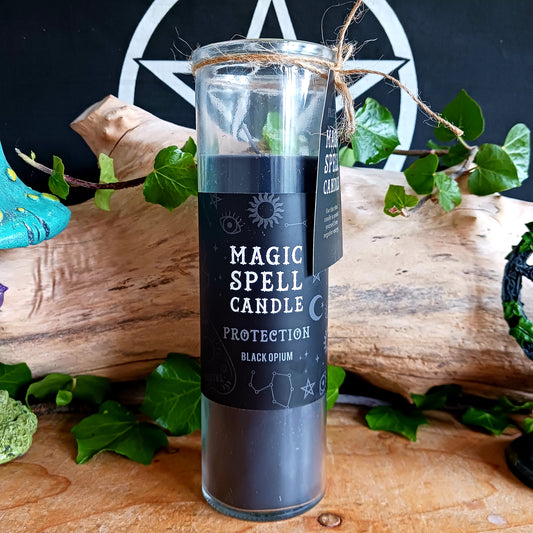 Inspired by traditional 7-day prayer candles, this Protection Magic Spell Candle is crafted to support rituals focused on protection, strength, and spiritual guidance. Infused with a rich, sensual opium fragrance, this candle creates a powerful atmosphere for intention-setting, meditation, and spiritual work.