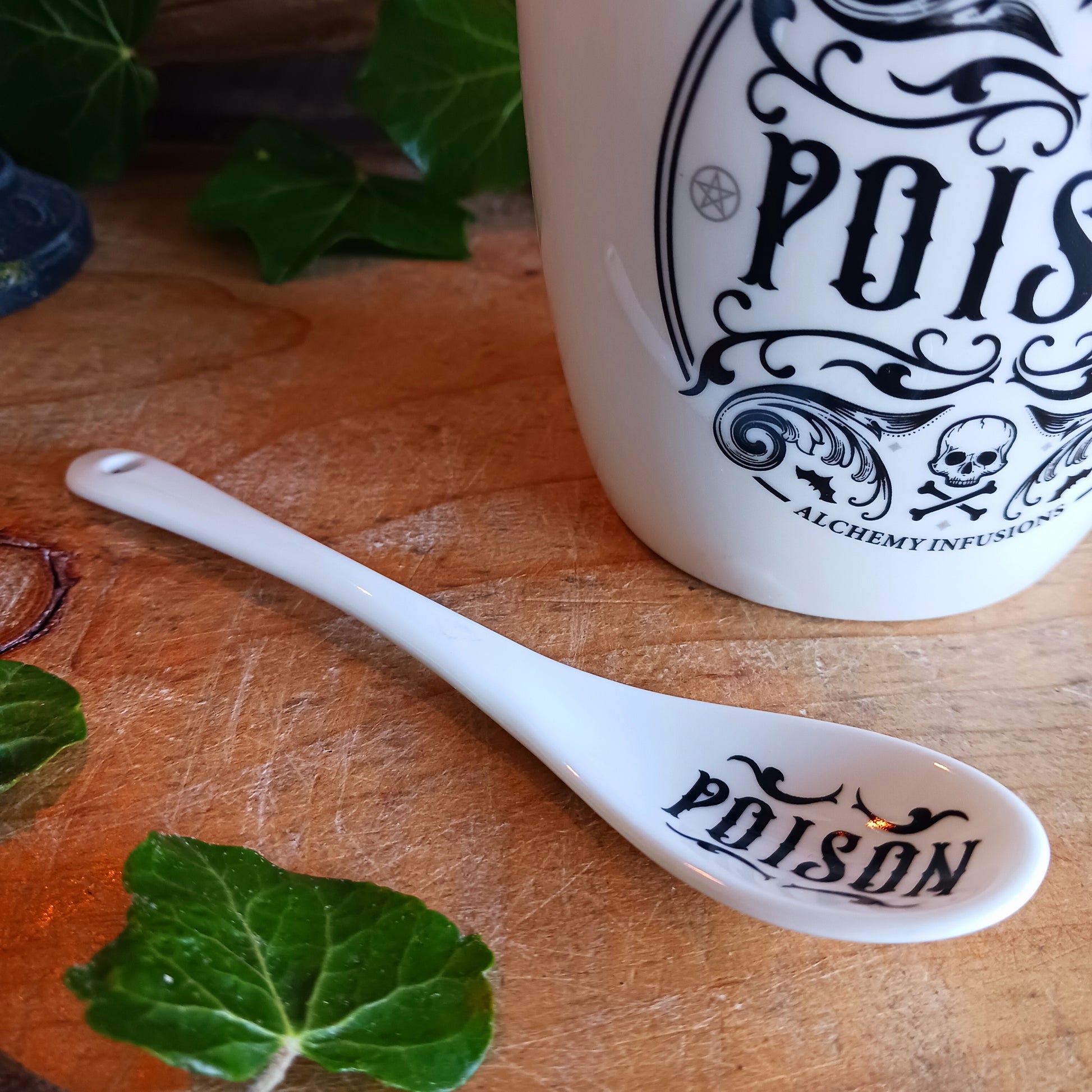 The Poison Mug &amp; Spoon Set by Alchemy is crafted for those who know that beauty can deceive and danger can delight. Made from fine white bone china, this striking mug features intricate Alchemy artwork rich with symbolism — skull and crossbones, pentagrams, tiny bats, and ornate swirling patterns that whisper of alchemy, temptation, and forbidden power.