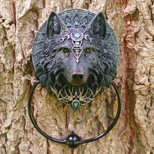 Add a touch of mystical charm to your entrance with this striking Wolf Moon door knocker. This beautifully crafted piece is cast in high-quality resin and expertly hand-painted.  The wolf's watchful eyes and detailed design create a captivating focal point, adding character to your home's exterior. The solid metal ring provides a clear, resonant knock.