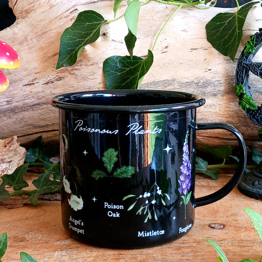 Start your mornings with a touch of gothic elegance. This black enamel-style mug is adorned with intricate illustrations of notorious poisonous plants