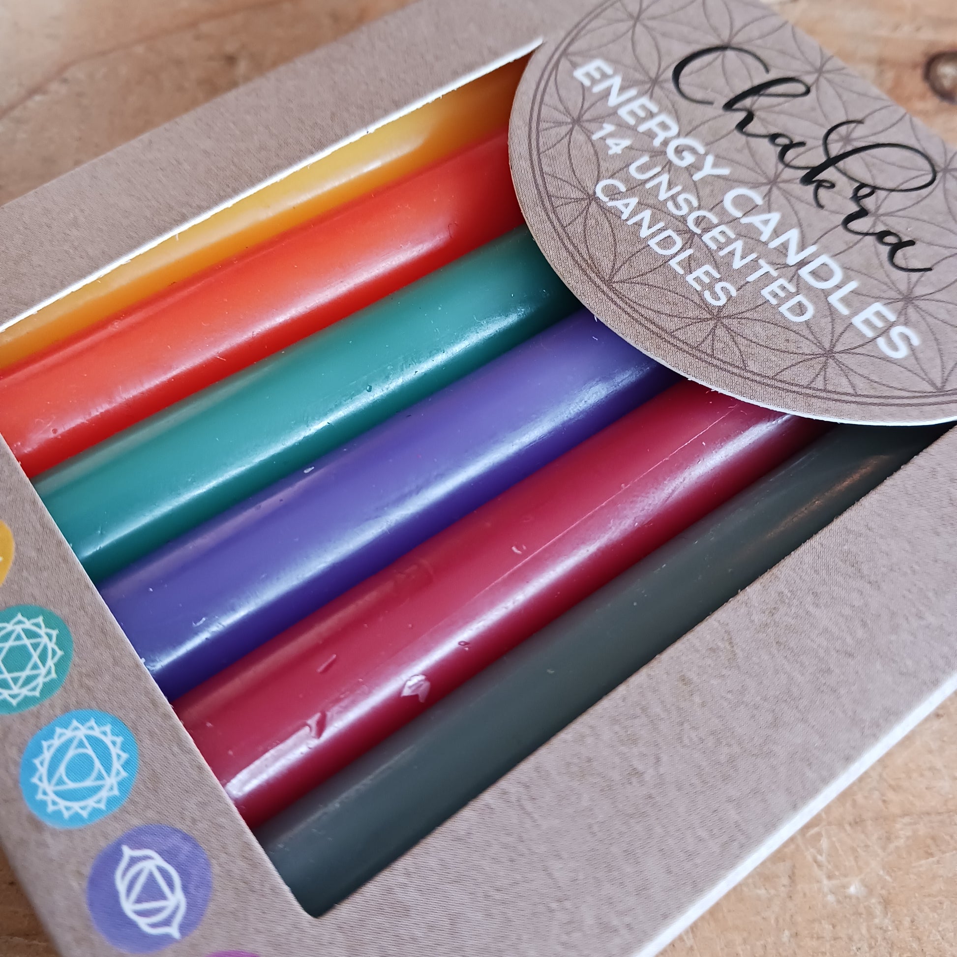 Release negative energies and restore balance with this set of 14 energy candles, each designed to align your chakras during meditation, yoga, or spiritual practice. 