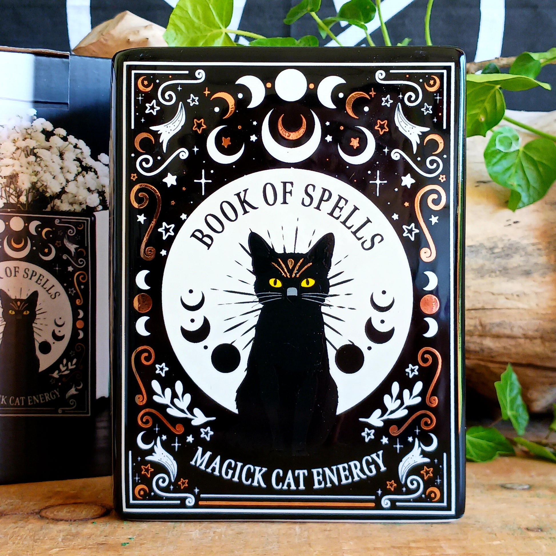 Bring a touch of dark enchantment to your home décor with the Black Cat Spell Book Ceramic Vase. Designed to resemble an ancient magical spell book, this unique ceramic vase transforms fresh flowers, dried stems, or decorative arrangements into a captivating gothic display. Featuring an elegant black cat-inspired design, it’s the perfect statement piece for bookshelves, side tables, mantels, or altar-inspired interiors.
