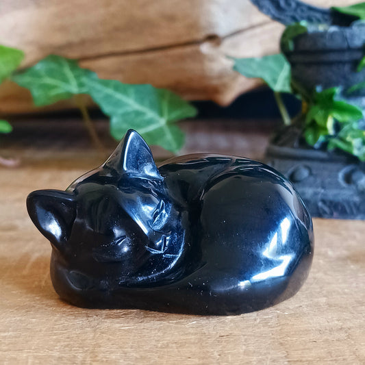 Bring a sense of calm, comfort and protection into your home with this beautifully carved Black Obsidian Sleeping Cat. Expertly shaped into a peaceful curled pose, this charming gemstone carving combines the graceful symbolism of a sleeping cat with the grounding beauty of natural black obsidian.