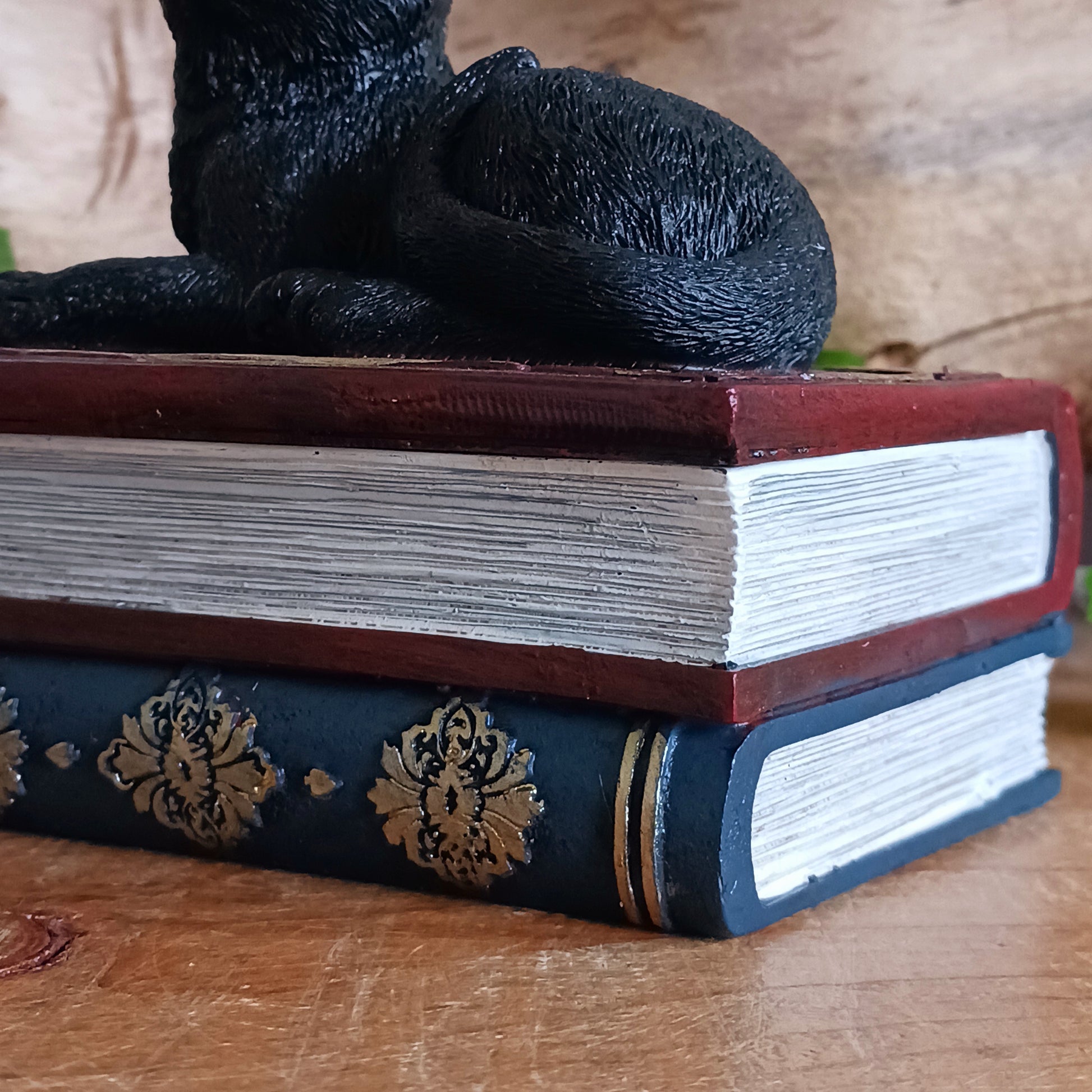 Add a touch of gothic charm to your home with this beautifully hand-painted resin figurine from Nemesis Now. Featuring a jet-black witch’s familiar perched atop two stacked spell books, this enchanting piece doubles as a storage box—simply lift the feline to reveal a hidden space perfect for trinkets, crystals, or other magical treasures. 