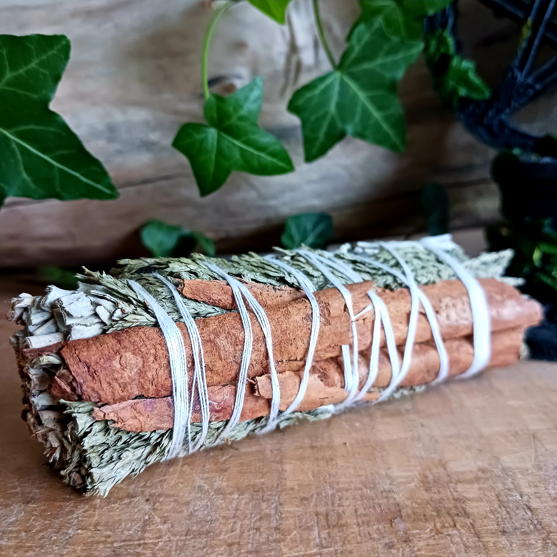 This smudge stick features a combination of three sacred herbs, White Sage, Cedar and Cinnamon.
