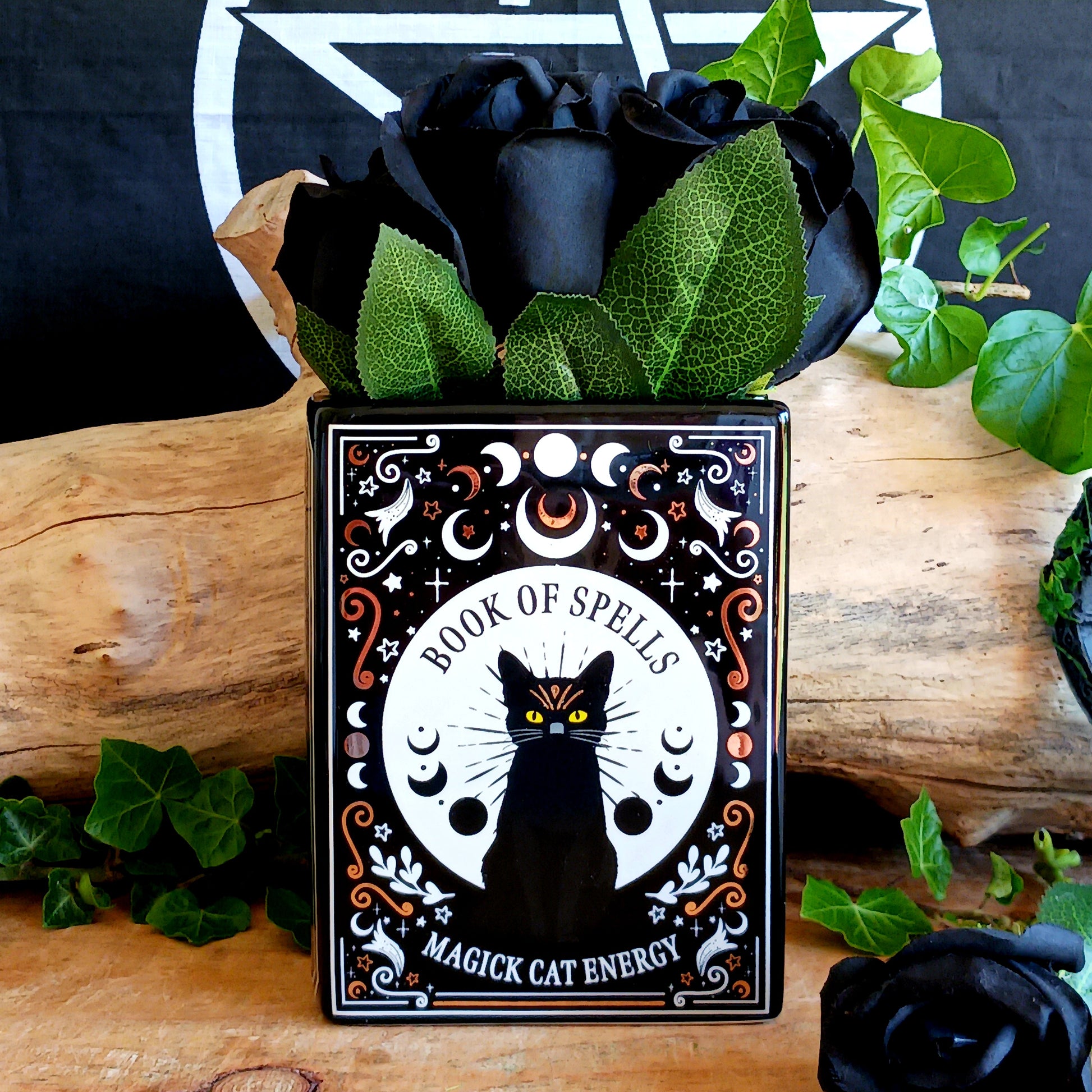 Bring a touch of dark enchantment to your home décor with the Black Cat Spell Book Ceramic Vase. Designed to resemble an ancient magical spell book, this unique ceramic vase transforms fresh flowers, dried stems, or decorative arrangements into a captivating gothic display. Featuring an elegant black cat-inspired design, it’s the perfect statement piece for bookshelves, side tables, mantels, or altar-inspired interiors.