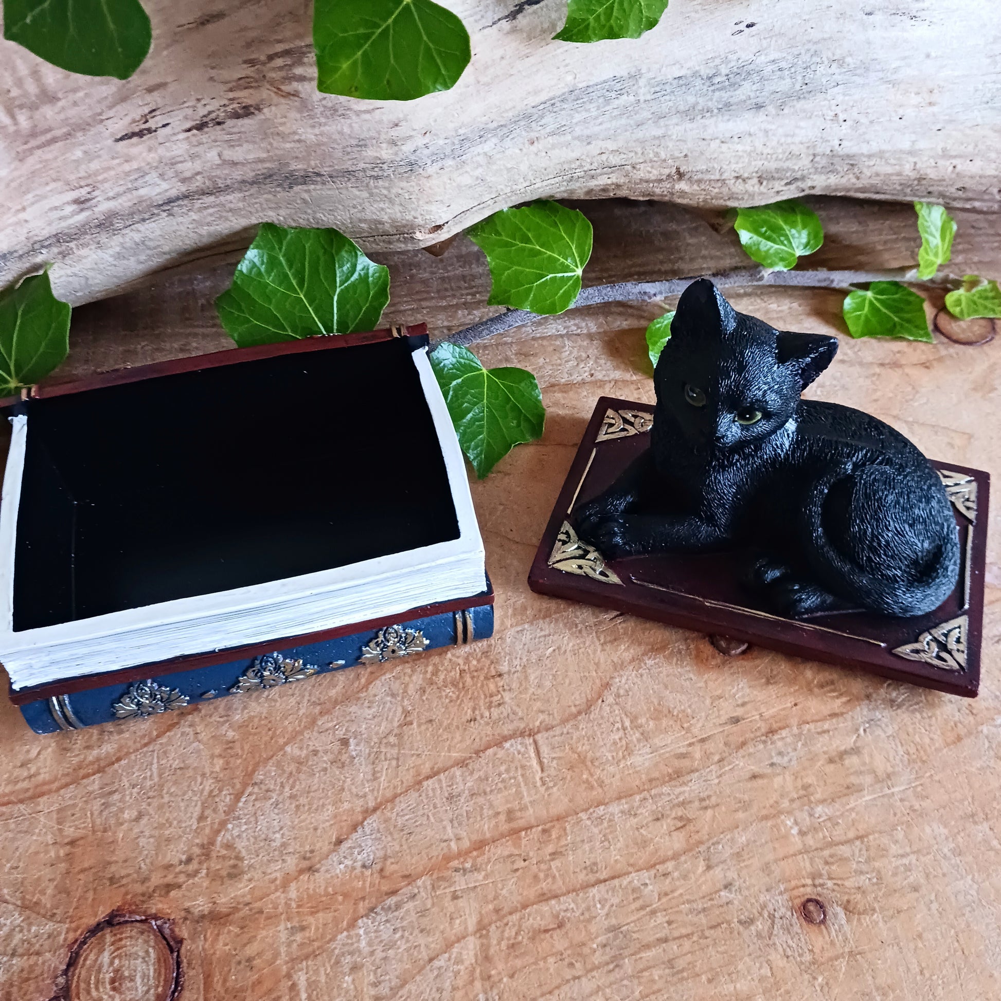 Add a touch of gothic charm to your home with this beautifully hand-painted resin figurine from Nemesis Now. Featuring a jet-black witch’s familiar perched atop two stacked spell books, this enchanting piece doubles as a storage box—simply lift the feline to reveal a hidden space perfect for trinkets, crystals, or other magical treasures. 