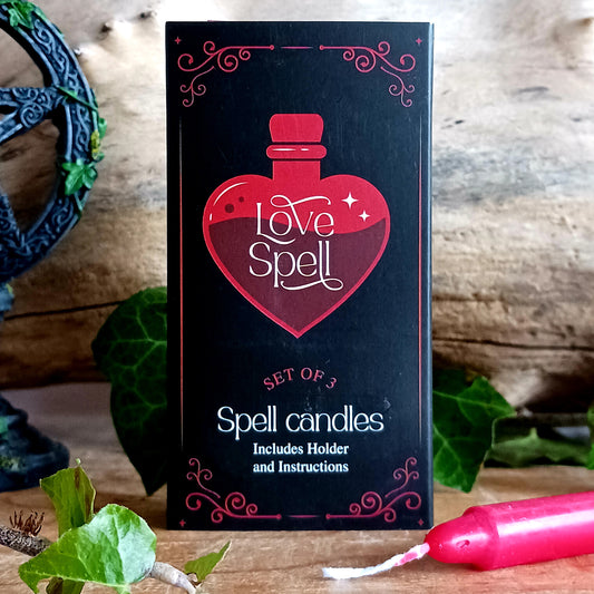 The Set of 3 Love Spell Candles in a Box is designed for intention setting, ritual work, and manifesting love energy. Each candle is crafted for focused magical practice, ideal for spellcraft, meditation, or altar work.