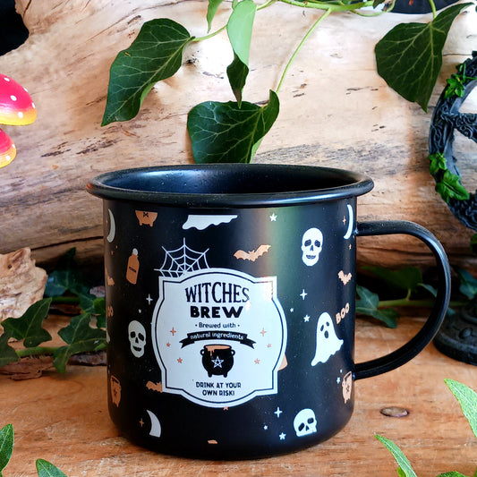 Even witches need to keep hydrated! Enjoy your favourite hot drink in this charming Witches Brew Halloween enamel-style mug, featuring a fun vintage-inspired witchy design that’s perfect for spooky season.
