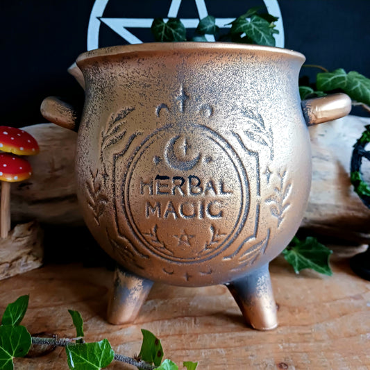 The Herbal Magic Bronze Effect Terracotta Cauldron Plant Pot is a striking vessel for nurturing herbs and spell-grown botanicals.
