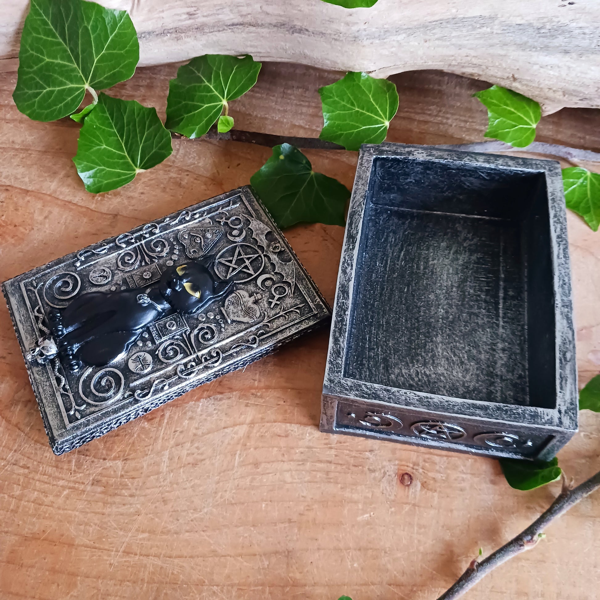 From the macabre masters at Nemesis Now, this Black Cat Familiar Box is a must-have for any occult enthusiast. At its centre sits a mystical black cat familiar perched atop a horned skull, radiating dark enchantment and protective energy.