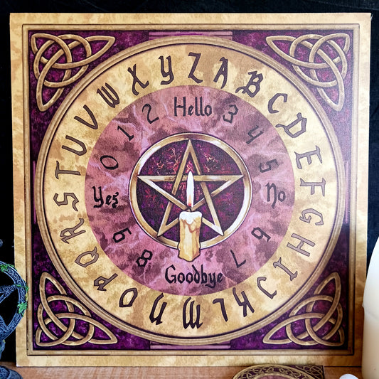 Explore the mystical world of spirit boards with this beautifully decorated Golden Celtic Pentagram Spirit Board, featuring a dark purple marbled-effect background, intricate golden detailing and traditional Celtic symbolism.