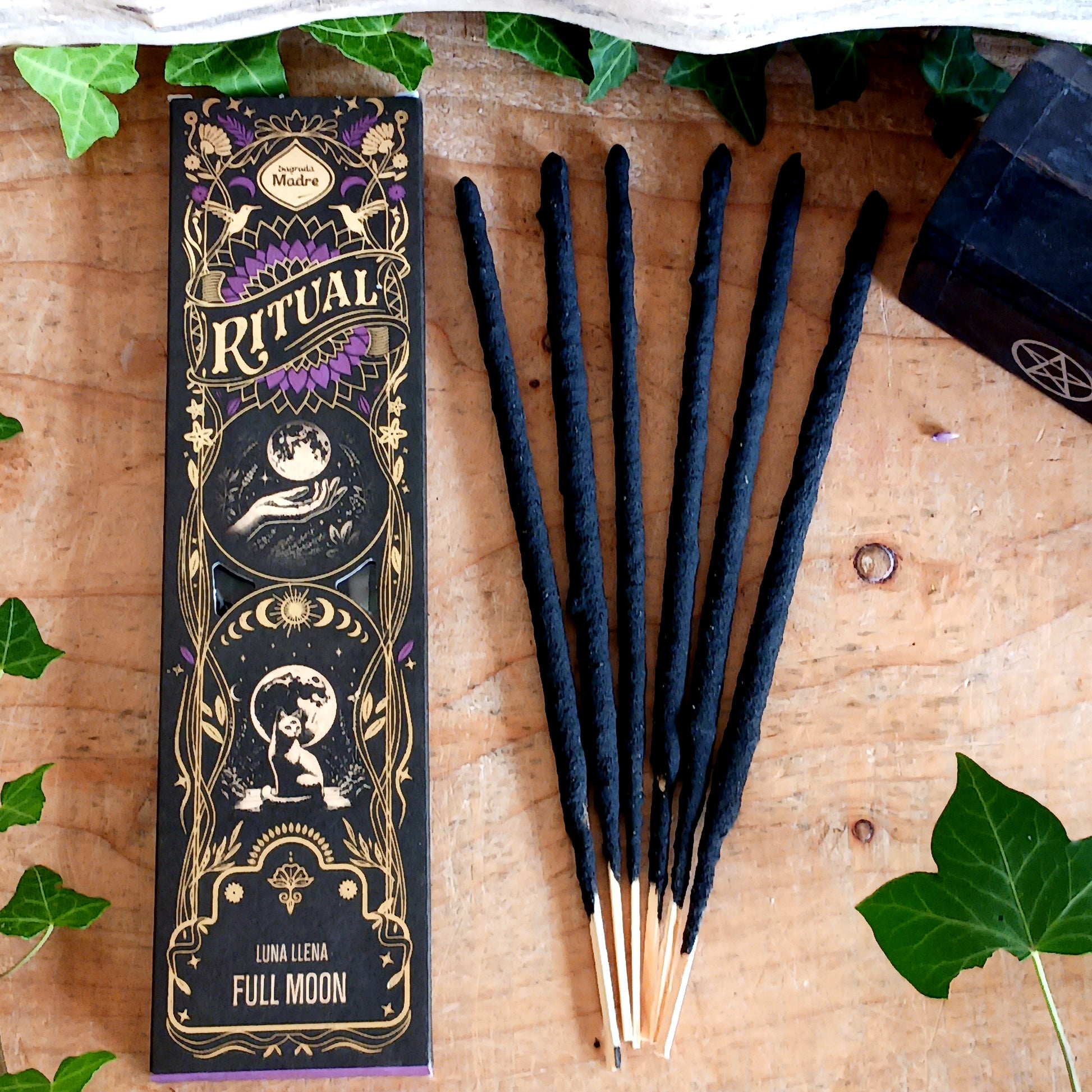Invite magic into your full moon rituals with the Sagrada Madre Ritual Full Moon Incense. Handcrafted in Argentina, each stick is made from a natural blend of aromatic concentrated oils, charcoal, salt, and a plant-based binder.
