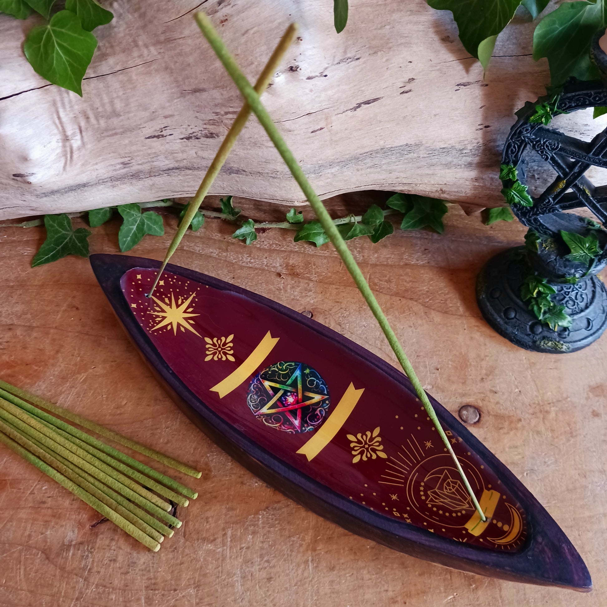 Channel mystical energy into your sacred space with this beautifully crafted Enamel Pentagram Incense Bowl. Featuring a vivid red enamel design with a central pentagram surrounded by celestial and elemental symbols, this striking incense holder is perfect for those who embrace witchcraft, Wiccan traditions, pagan spirituality, or magical rituals.